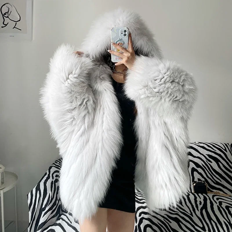 Winter Shaggy Hairy Thick Warm Soft Colored Faux Fur Jacket Women with Hood Bat Sleeved Loose Casual Designer Clothes