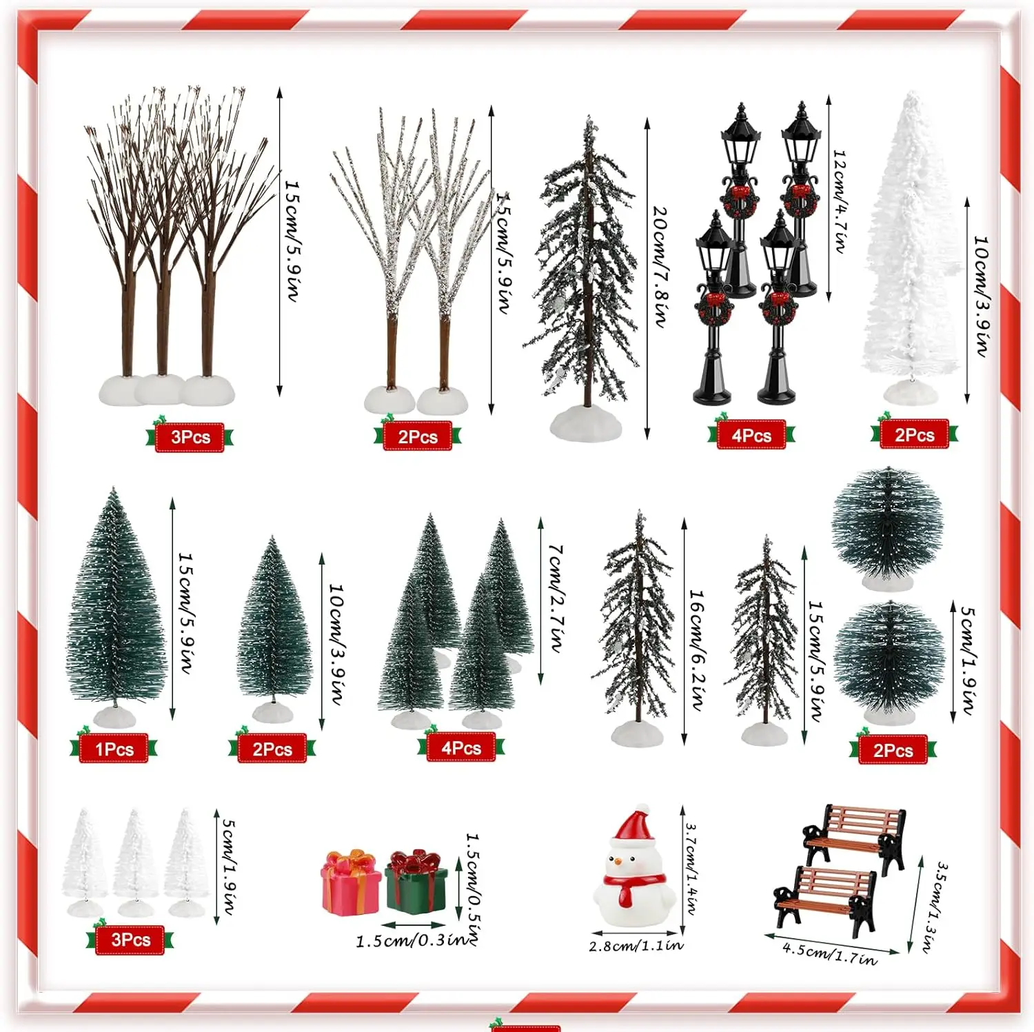 32 قطعة من إكسسوارات قرية عيد الميلاد: أشجار فرشاة الزجاجات، مقعد، ضوء المسار - ديكور صغير للعطلات بنفسك