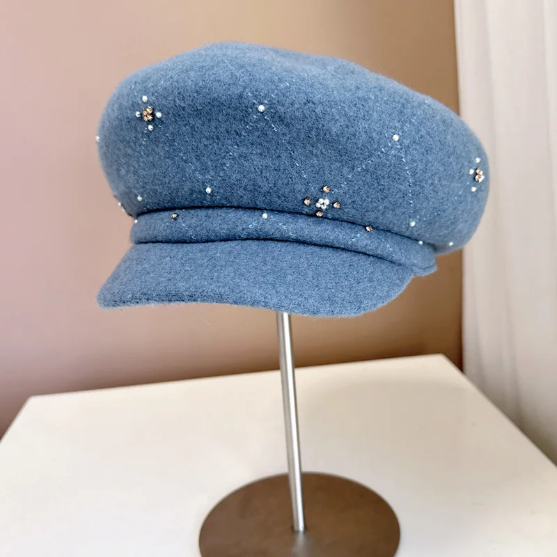 Cap Women Winter Wool Warm Octagonal Hat Rhinestone Newsboy Accessory For Cold Weather Autumn Outdoor Luxury