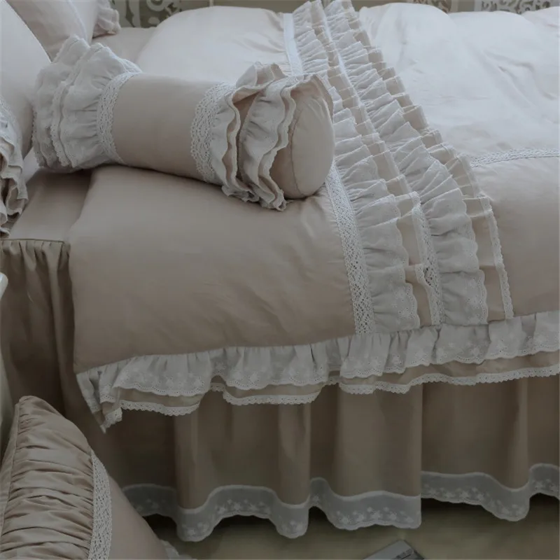 Solid color Multi Layers Ruffles Lace edge Duvet cover Bed skirt Pillow shams 4Pcs Queen King size Girls 100%Cotton Bedding set