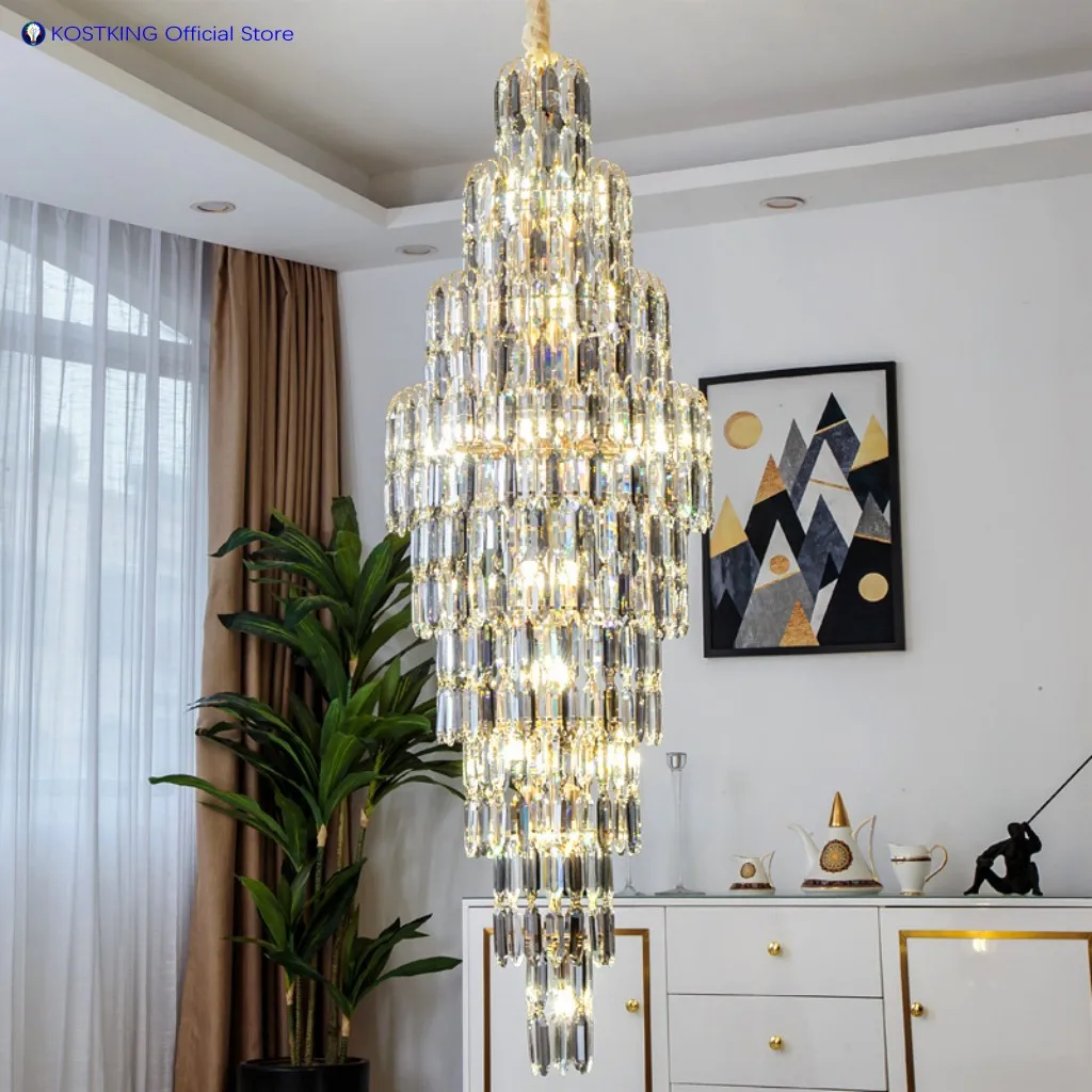 

2025 Gold Luxury Stair Long Crystal Chandelier For Hotel Living Dining Room Villa Pendant Light Home Fixture Decor Lustre Lamp
