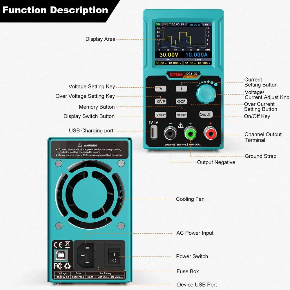 High Precision 4-Digit Programmable DC Power Supply 0-30V 0-10A 110V Input USB Ports Multiple Protections PC Software Included