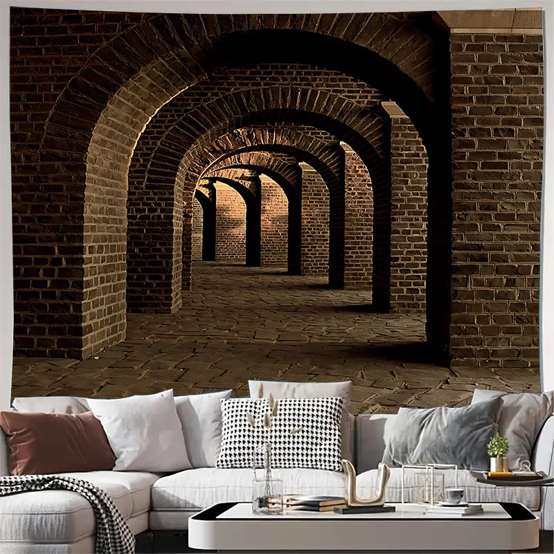 Ancient Brick Arch Tunnel Corridor Wall Tapestry Machine Washable All Season Decor Art Print Vintage Architecture Design Home