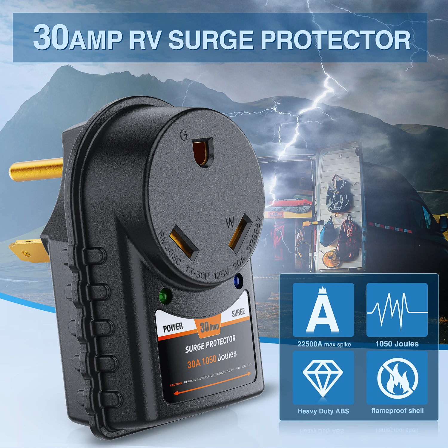 Nilight 30 Amp RV Surge Protector 125V/3750W Adapter Plug with LED Indicator 30amp 1050 Joules 22500A Max Spike ETL Listed TT-30P TT-30R Power Guard for Camper Trailer