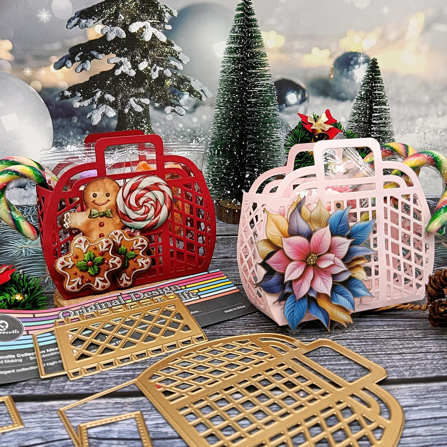 Handtaschenkorb, Geschenktüte, Metallschneiden, gestanzt, goldene Stirbt für Weihnachtsgeschenke, Verpackung, handgefertigtes Papier, Basteln, DIY-Leckerei-Box