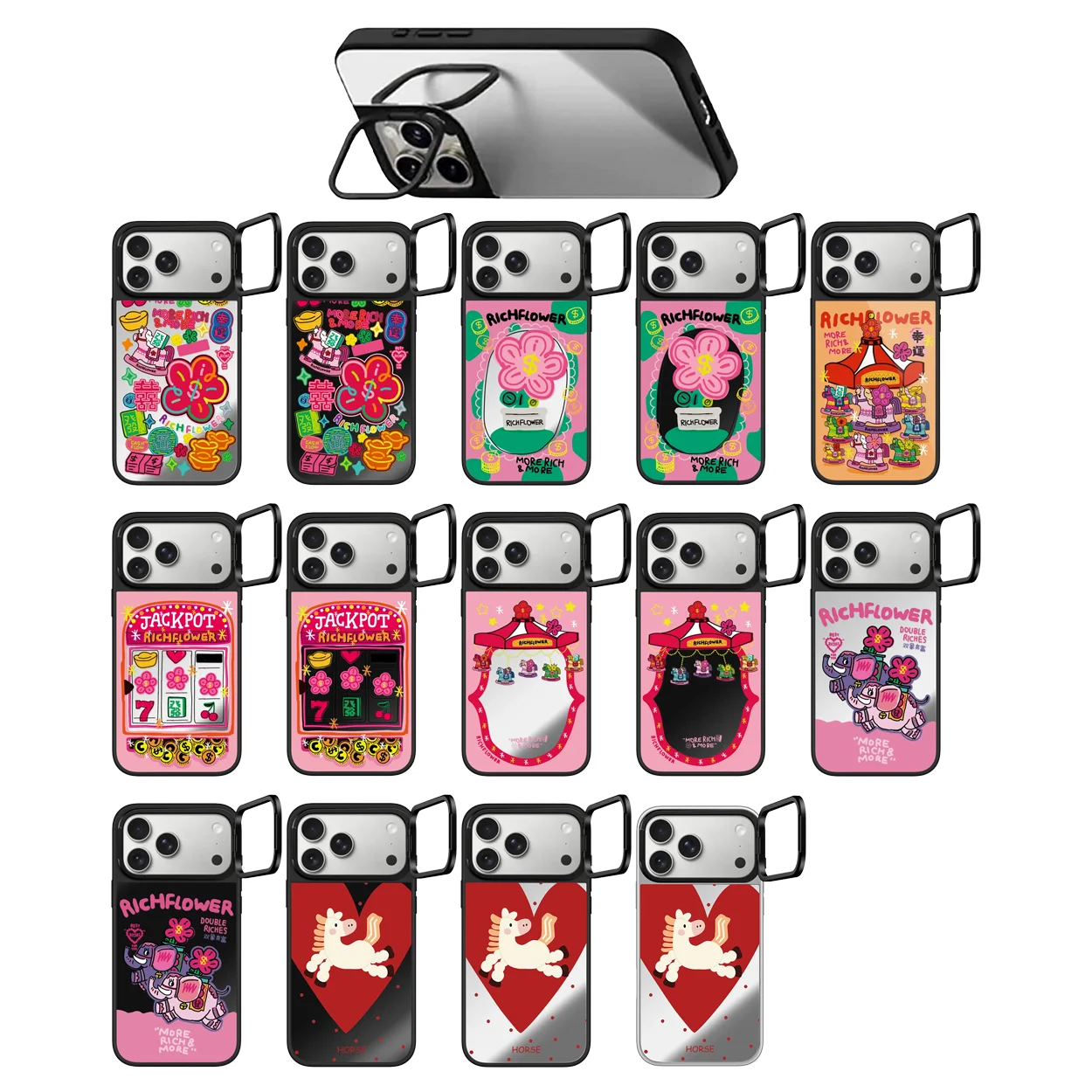 

Cartoon Carrousel Pattern Camera Ring Stand Mirror Surface Phone Cover for IPhone 14 15 16 17 Pro Max Case for IPhone 17Pro