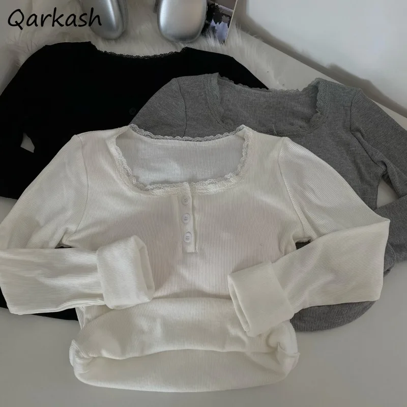 

Однотонные футболки женские, осенне-зимняя базовая корейская модная эстетичная одежда, кружевная лоскутная уличная одежда, ниша, элегантная девушка