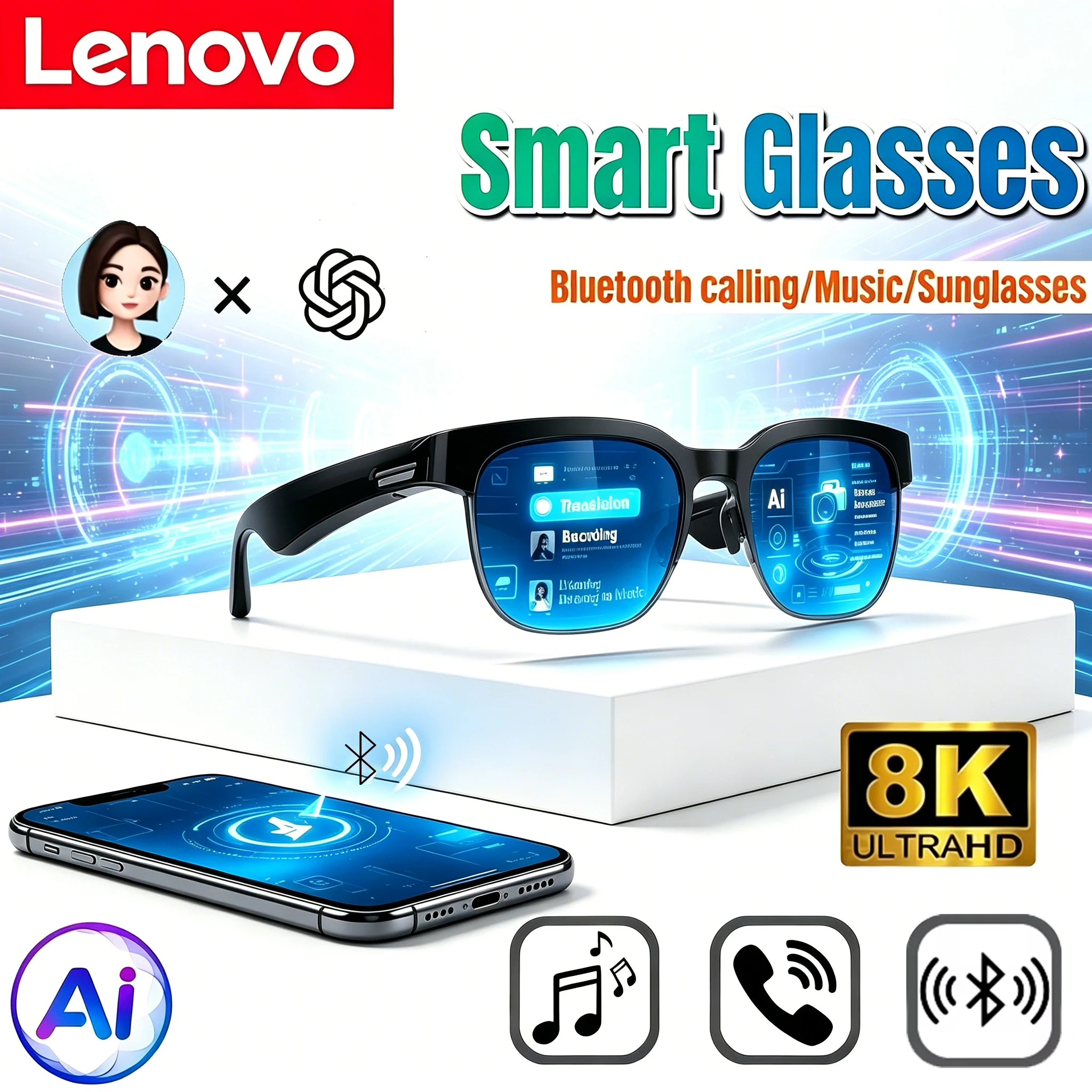 Lenovo 2026 Nuevas Gafas Inteligentes con IA, Gafas de Sol Inteligentes 8K, Traducción por IA, Llamadas HD, Chat por IA, Registro, Reproducción de Música