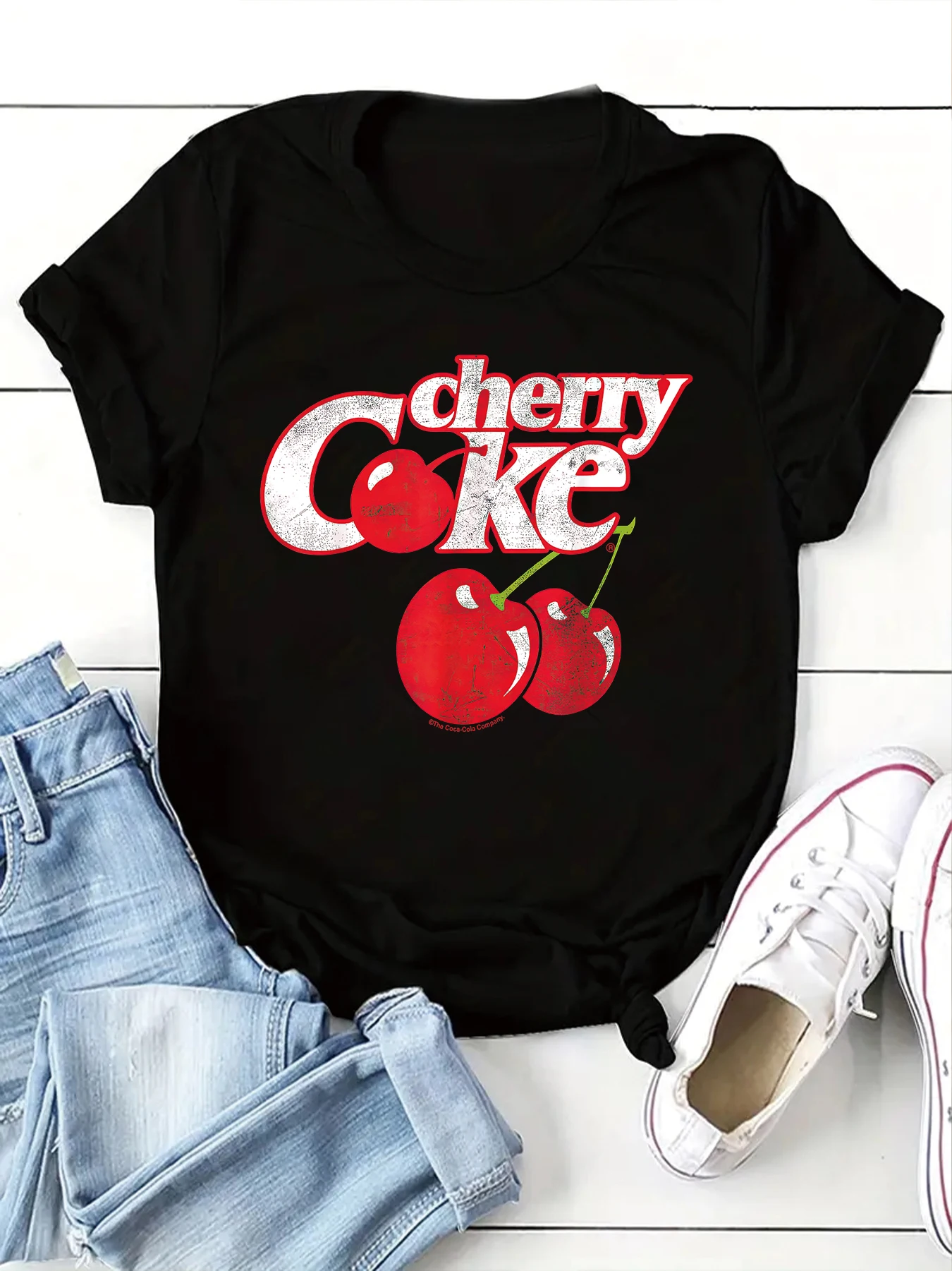 Camiseta con estampado de Cola de cereza para mujer, Top Kawaii de manga corta con cuello redondo, novedad de verano 2024