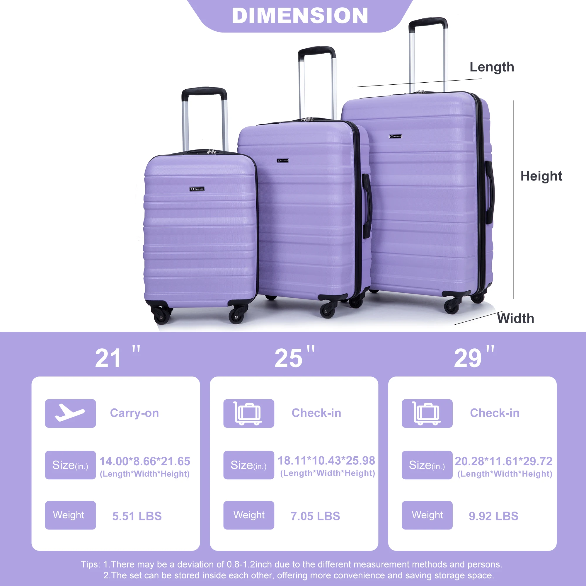 ZHUISHU 3 Piece Luggage Sets PC Lightweight & Durable Expandable Suitcase with Two Hooks Spinner Wheels TSA Lock Travel Luggages