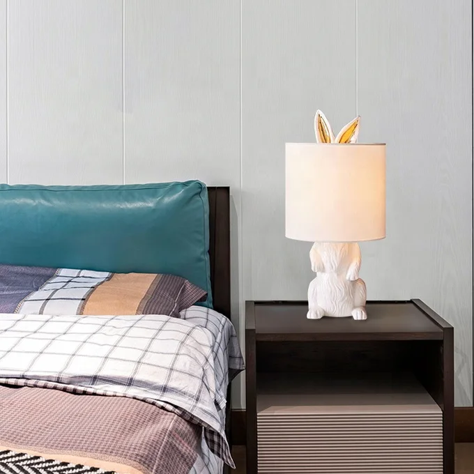 

Cute Bunny Lamp Cartoon Bedside Table Lamp Resin Base Fabric Shade Light for Kids JY6111