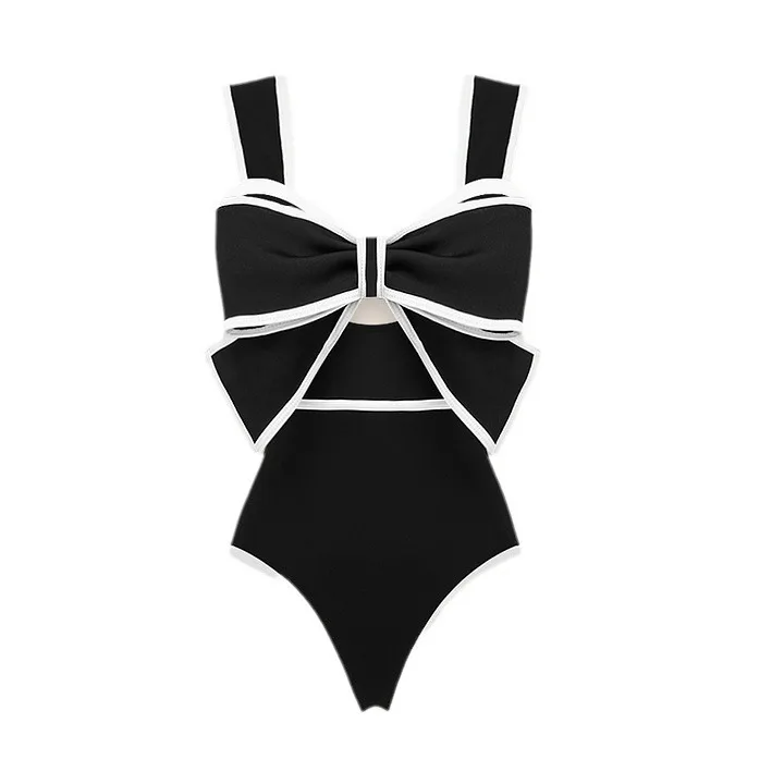 Hot Selling Retro Conservative Bikini Set Solid Color Bow One Piece Swimsuit New Style in Ins for European and American Markets