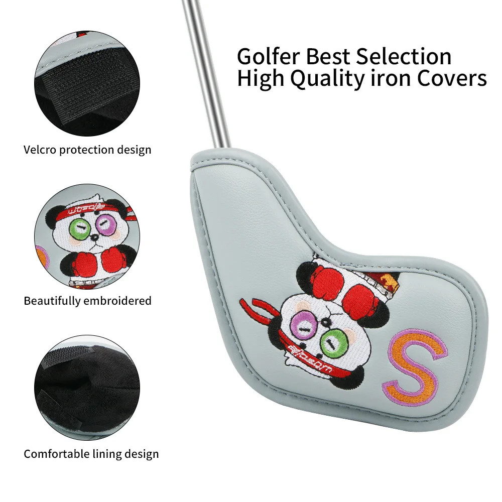 9 Pcs Golf Iron Headcover Cartoon Panda Embroidery 16*9cm PU Leather Protect Golf Club with Hook&Loop Design Water-Proof Durable