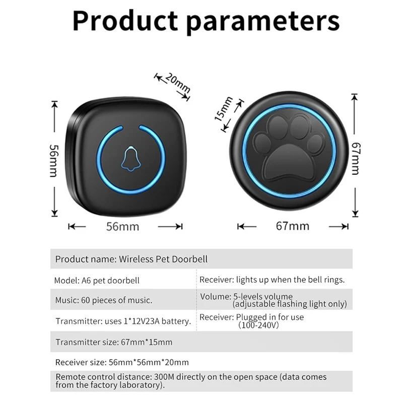 الحيوانات الأليفة اللمس قارع الأجراس زر جرس 300 متر/984ft المدى 60 أغنية عالية حجم الجرس ل القط والكلب التدريب جرس الباب المنزل الذكي الولايات المتحدة الاتحاد الأوروبي #6