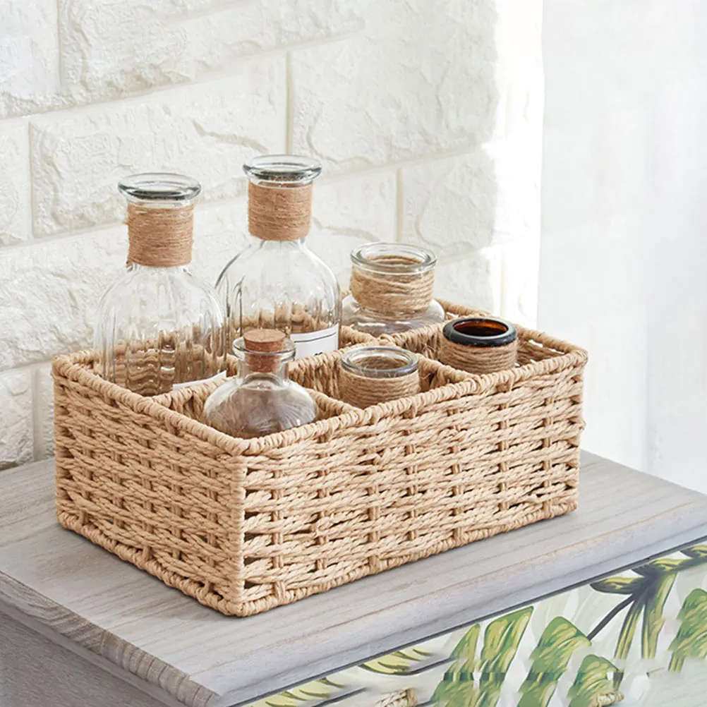 

Flat Base Basket Decorative Desk Organizer Lip Gloss Desktop Small Tabletop Woven Compartment Paper Rope for Makeup