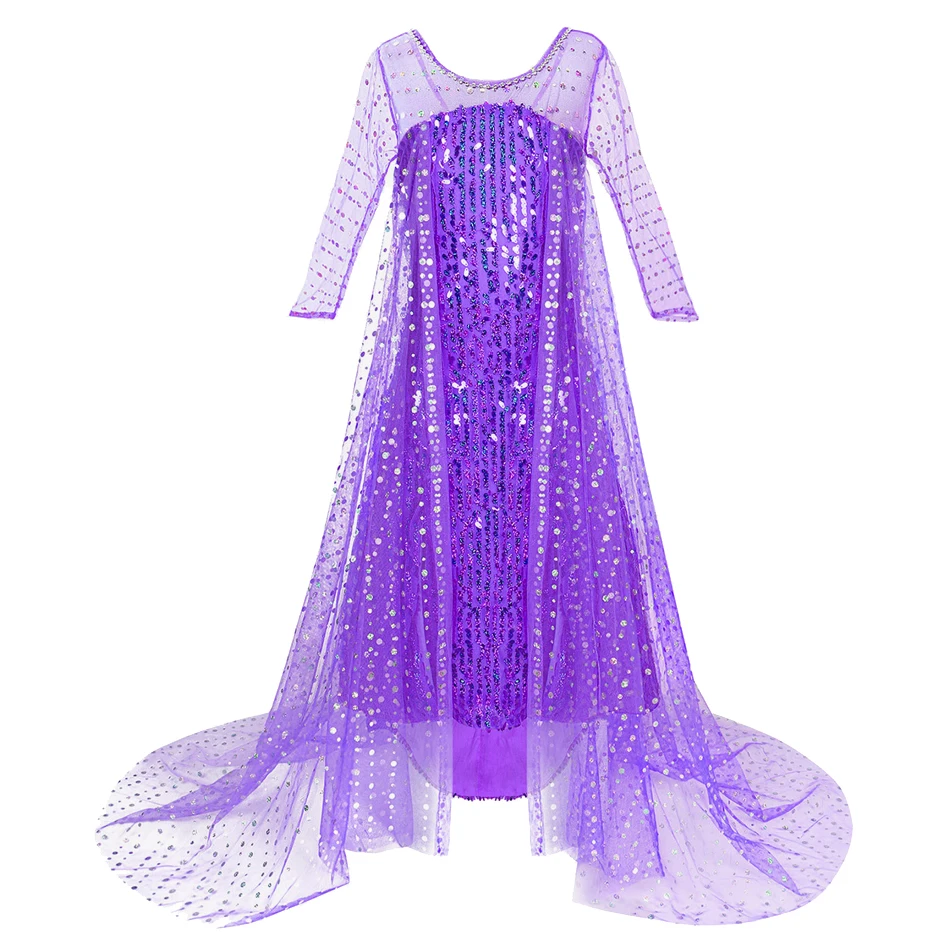 Halloween Costume Girls Elsa Purple Cosplay Dress Sequin Tulle Floor Length Princess Sets Elegant Gown Wedding Flower Girl Dress