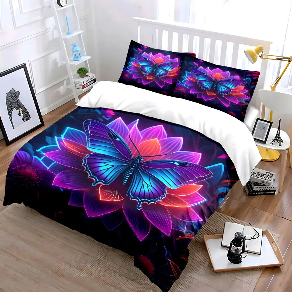 Neon butterfly resting on vibrant flower Bedding Set for Kids Luxury Gift 3pcs Digital Print Comforter Set Soft Comfortable