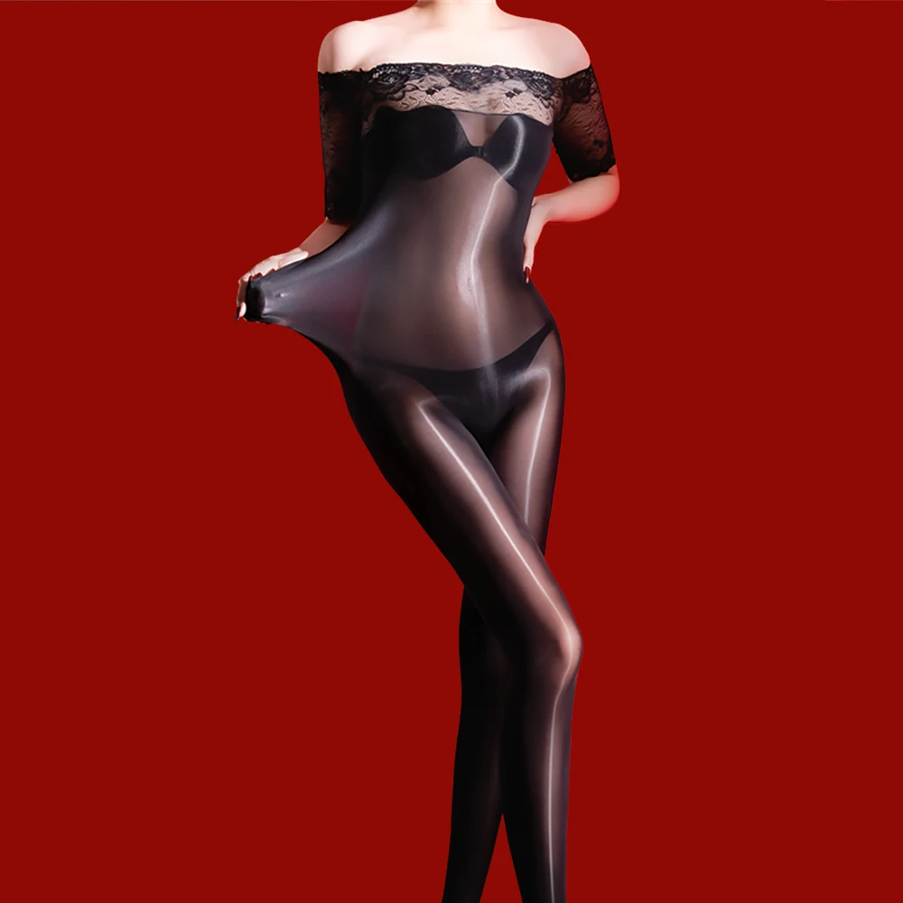 Fashion Women Lace Bodysuit Off Shoulder Jumpsuit 5D Oil Shiny Glossy Elastic Shaping Thin Bodysuit Tights Maid Leotard