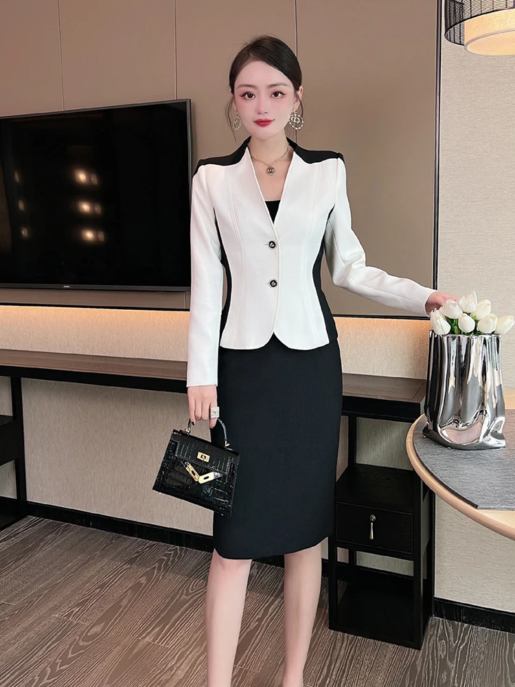 ZJYT Autumn Color Block Blazer Suit Skirt Two Piece Dress Sets Women Outfit Elegant Office Formal Conjuntos De Falda Vestidos