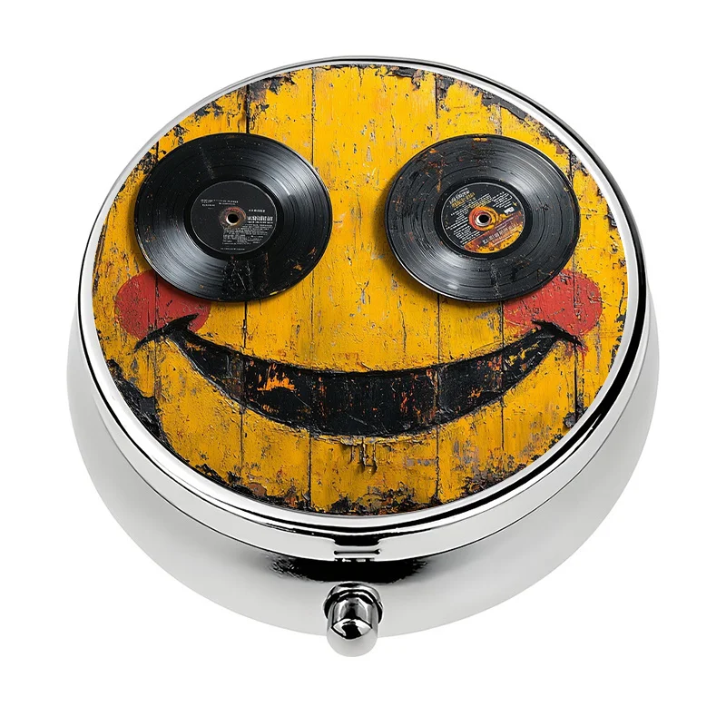 1 portable travel pill box with 3 compartments, decorated with a music and happy face theme, suitable for use in a handbag or as a pill organizer, making it a unique gift for Halloween or Christmas