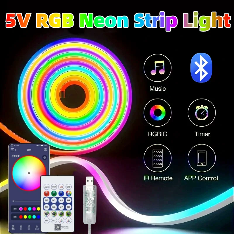 5V USB Neon LED Strip Verlichting 1/2/3/4/5M IP67 Waterdichte RGBIC Neon Lamp Tape Met Bluetooth Afstandsbediening Voor Thuis Party Decor