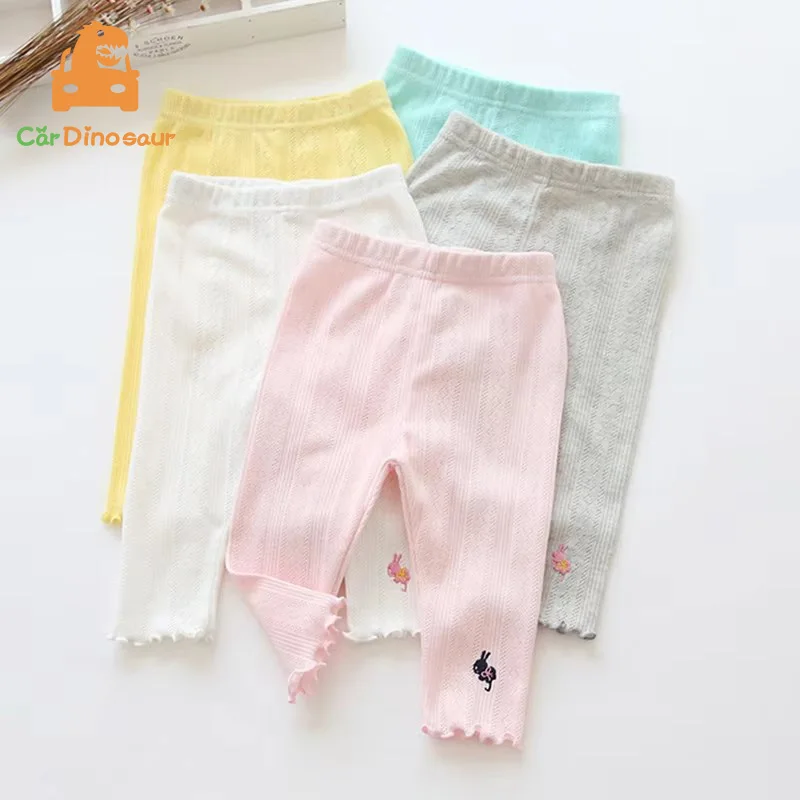 

2026 Summer Kids Children Gift Solid Color Hollow Out Embroidery Cute Animal Ruffle Calf Length Short Leggings For Baby Girls