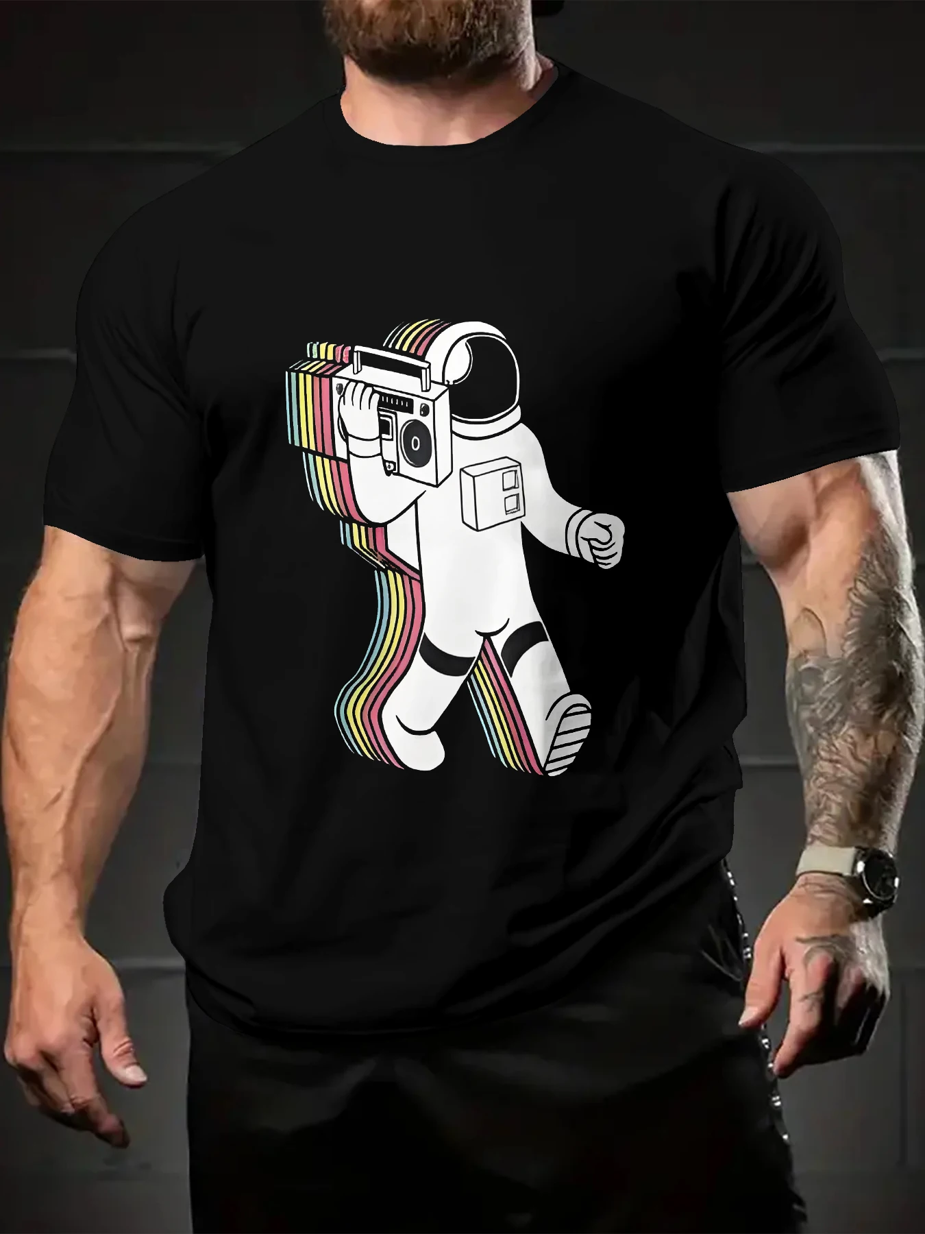 Men Daily Vacation Short Sleeve Tee, Sport T-Shirt with Black Base Astronaut With Radio Rainbow Trailing Shadow Graphic Pattern