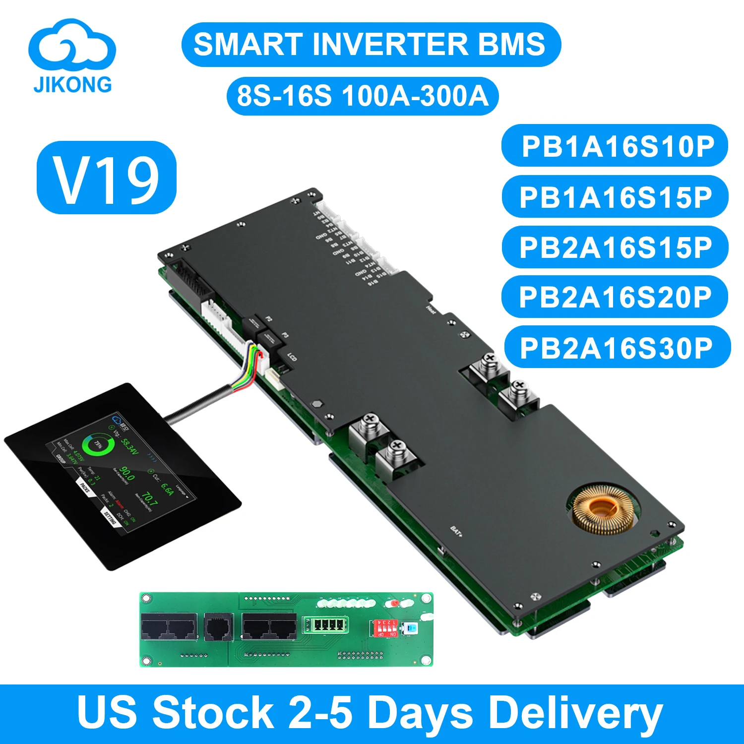 JIKONG V19 Smart Inverter BMS 8S~16S 24V 48V 200A Current 1A 2A Active Balancer for Lifepo4 Li-ion Lto Battery Household Energy Storage BMS JK-PB2A16S20P JKBMS Display Screen 4.3 7.0 inch