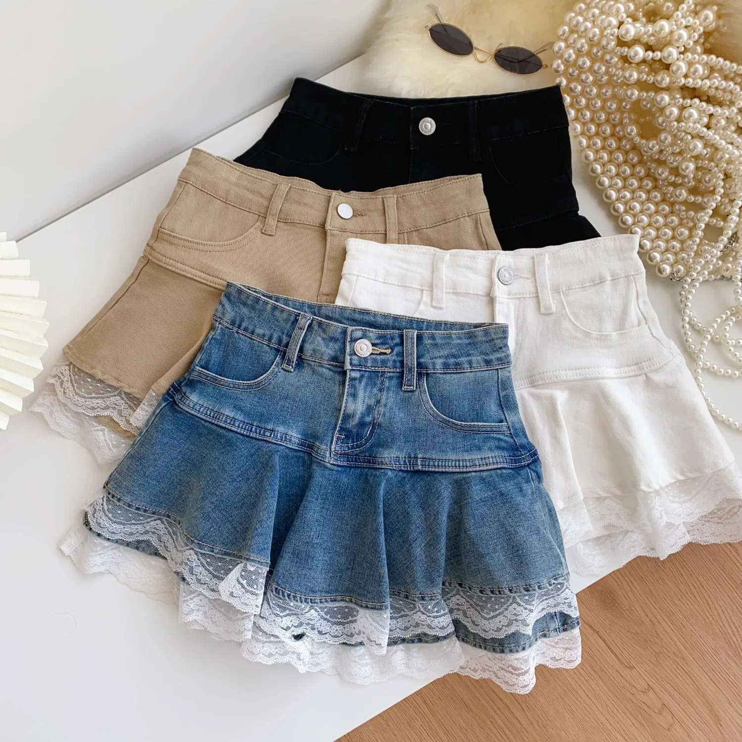 New High Waist Lace Denim Skirt Women's Lotus Leaf Pleated Skirt