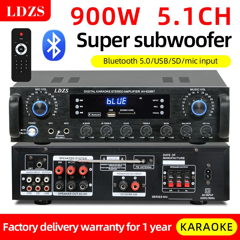 900W bluetooth Audio Power Amplifier HiFi Amp Speaker 12V/220V AV Amp Speaker Remote Control For Car Home Square Dancing 5.1 Cha