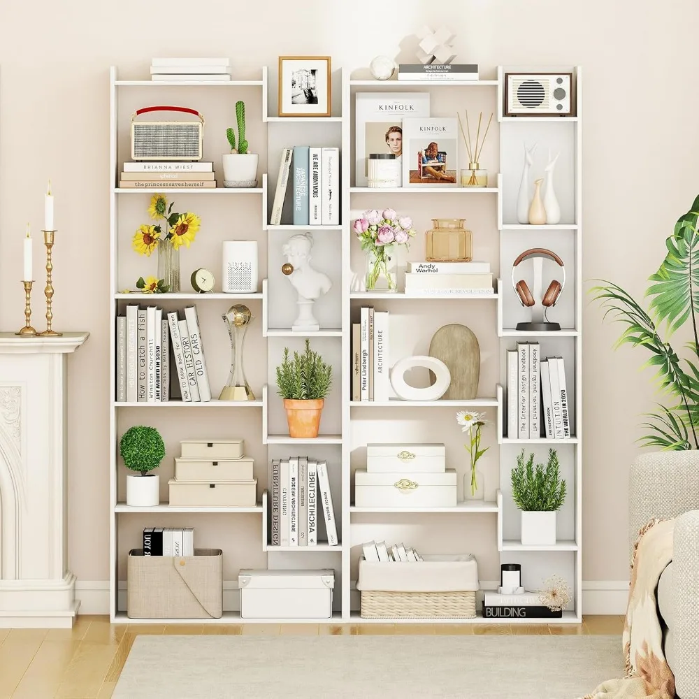 "Two-Piece Wooden Bookshelf Set with 11 Staggered Shelves and Anti-Tipping Features"