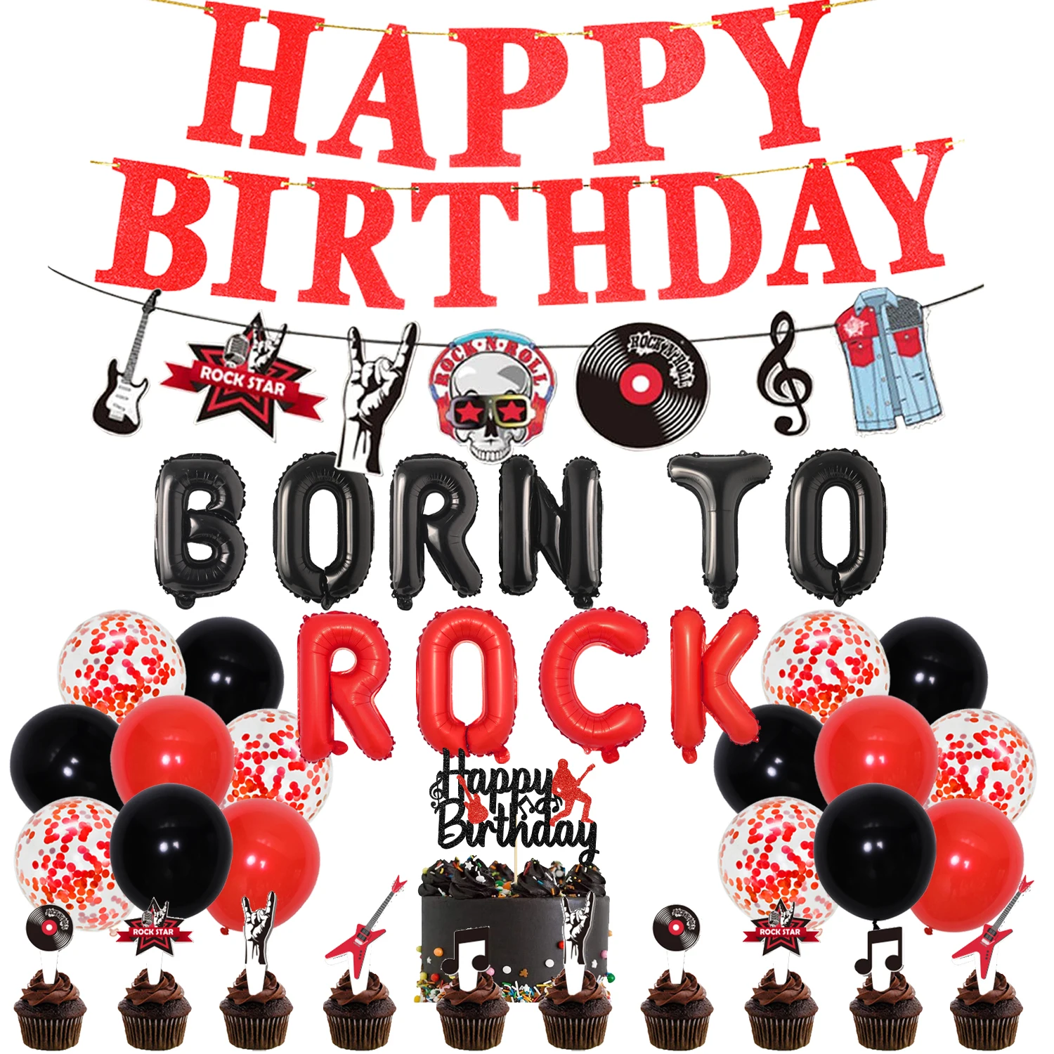 

JOYMEMO Rock Theme Red Black Birthday Party Decorations Born To Rock Balloon Set with Rock Happy Birthday Banner Cake Toppers