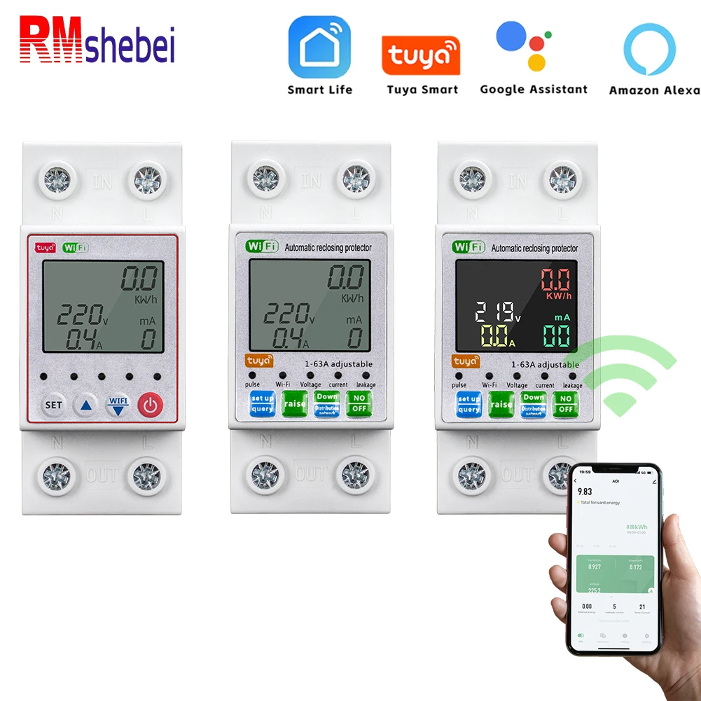

RMshebei tuya automatic smart wifi circuit breaker 220v photovoltaic bidirectional metering 63A Over Under Voltage Protector