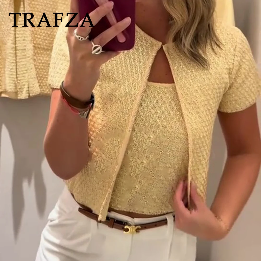 

TRAFZA шикарный желтый повседневный женский трикотаж с короткими рукавами и круглым вырезом + вязаный сексуальный жилет, модный костюм 2025, Mujer Y2k, расшитый блестками