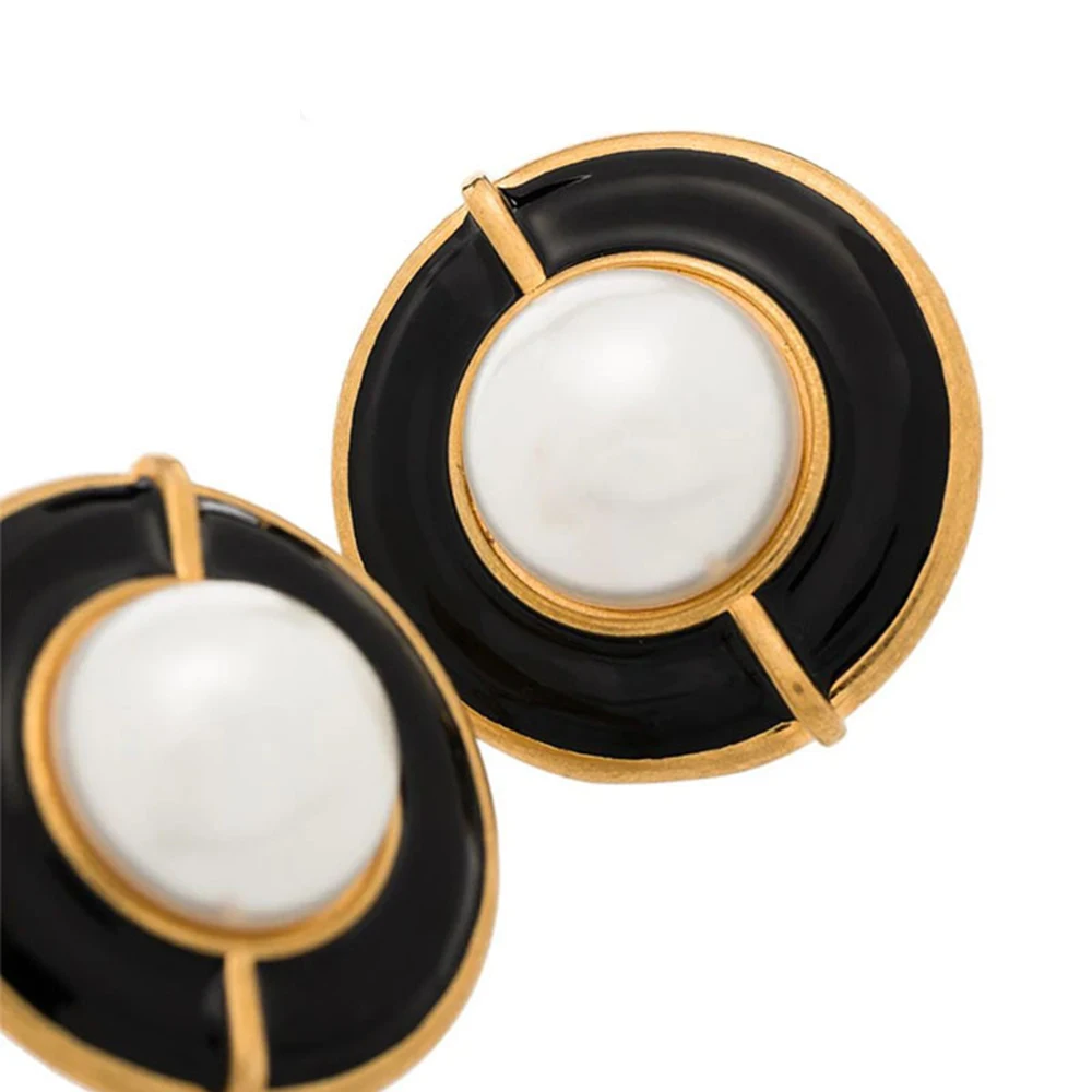 To Reines France Fashion Designer Vintage Gilt Black Enamel Round Pearl Earrings For Women Luxury Jewelry High Quality Trend