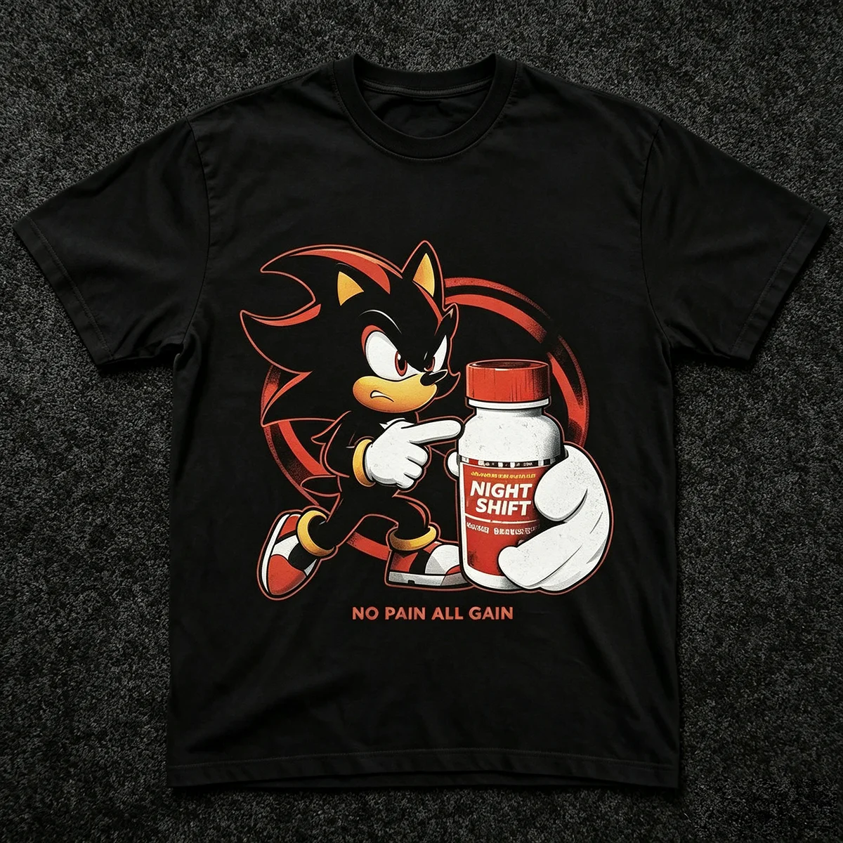 Night Shift No Pain All Gain Shadow Hedgehog Graphic T‑Shirt Retro Game Meme Print Y2K Gaming Streetwear Unisex Cotton Short Sleeve Tops for Men Video Game Fan Gift