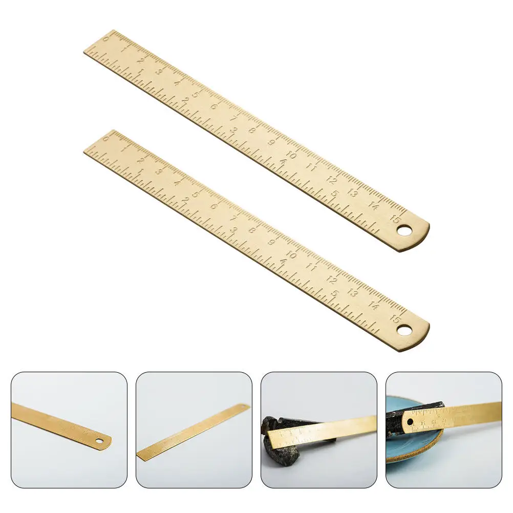 2Pcs Portable Brass Bookmark Ruler Long-Lasting Vintage Straight Ruler Multi-Function Measuring Tool Study Accessory Drawing
