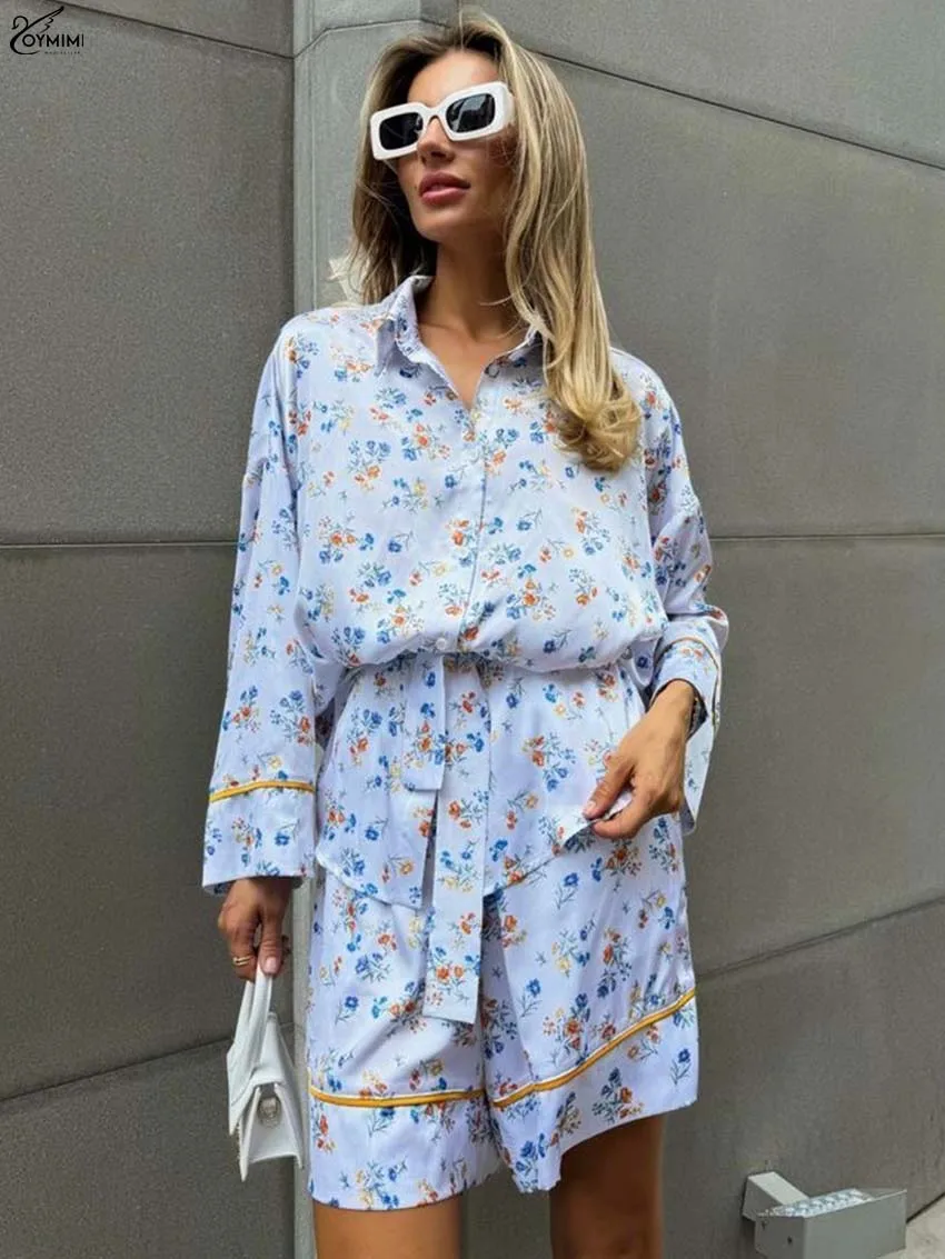 

Oymimi Elegant Blue Print Two Piece Set Woman Fashion Lapel Long Sleeve Single Breasted Lace-Up Shirts And Pockets Shorts Sets