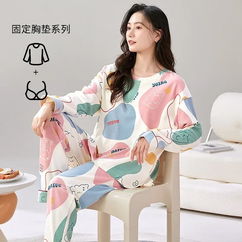 Two Piece Set Women's Nightwear with Bra Pad Long Sleeved Pullover Casual Home Sleepwear Set Big Size M-3XL Homewear Female Girl