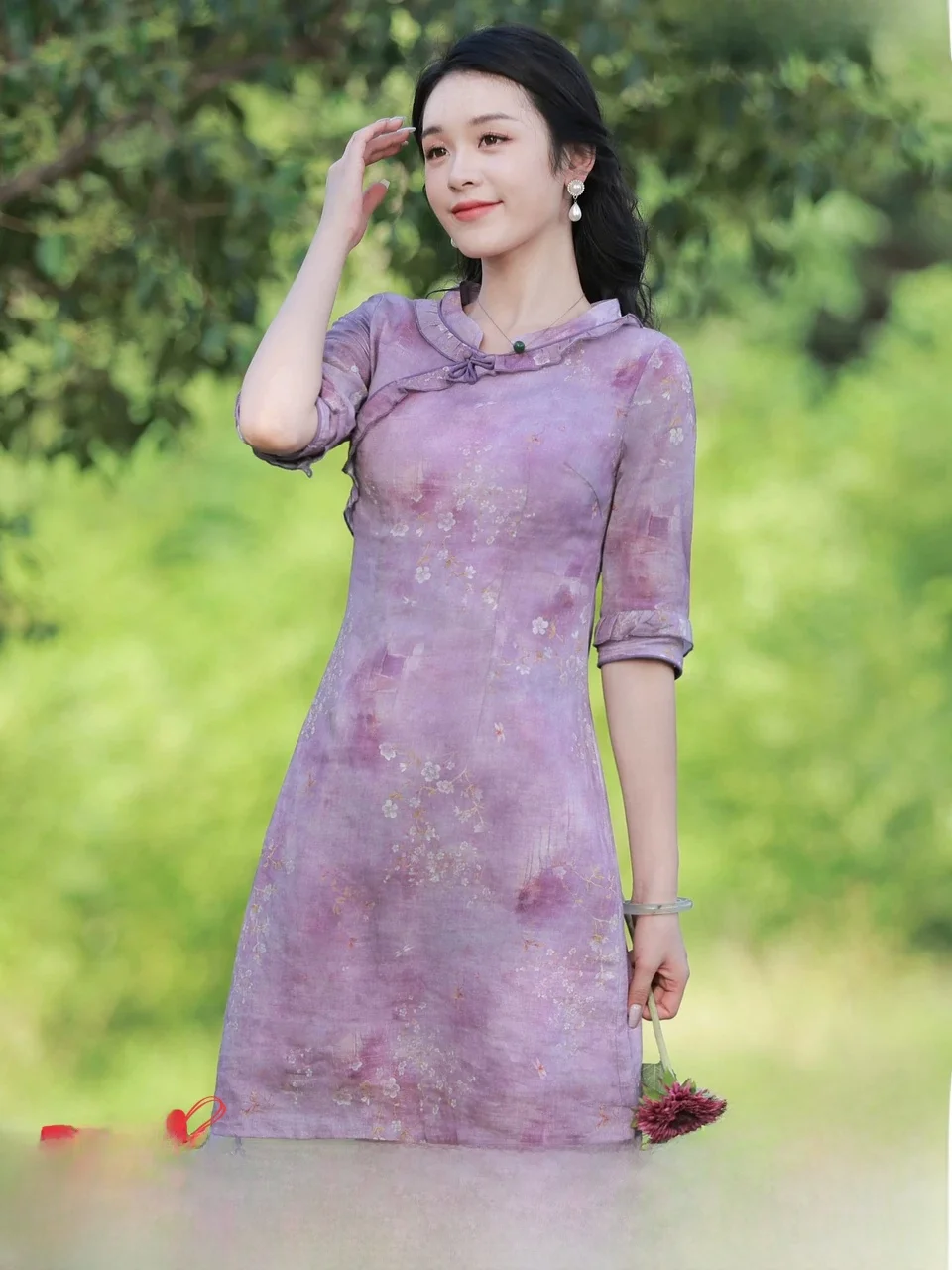 

New Chinese Style Short Qipao Dress Purple Firework Press Summer 2026 Women's Fashion Retro Wind Clothing Daily Wear