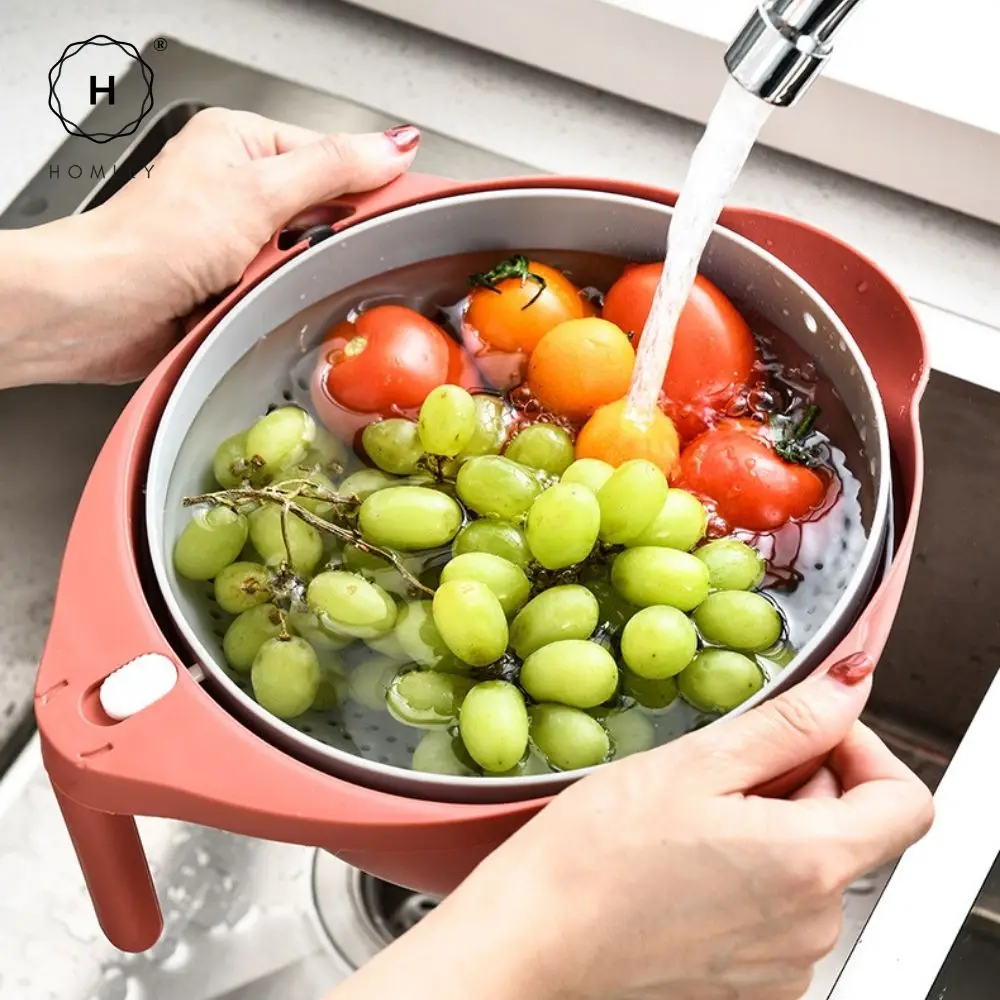 Homlly 2 in 1 Double layer Kitchen Utensils Draining Rotatable Vegetable Washing Strainer Colander Basket Bowl