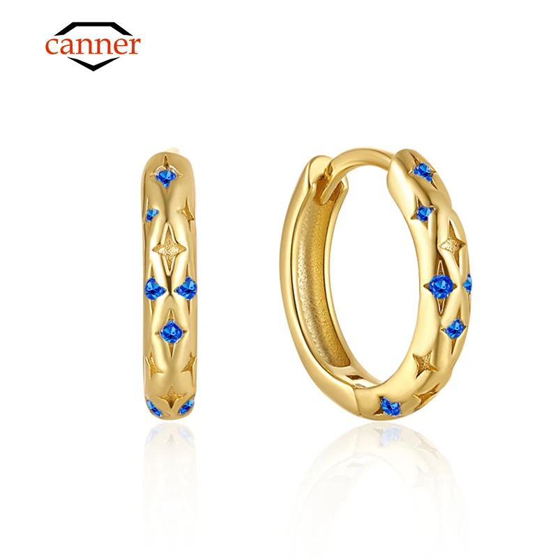 CANNER Trendy Blue Star Zircon 925 Sterling Silver Gold Plated Cartilage Piercing Hoop Earrings for Women Fine Jewelry Pendiente