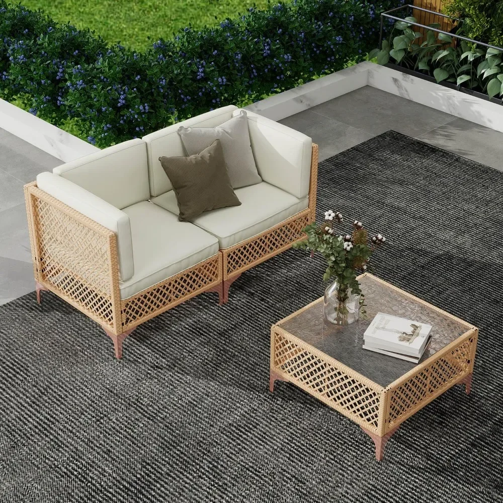 

3 Piece Patio Furniture Set，All-Weather Wicker Outdoor Patio Furniture Set，Bohemia Outdoor Sectional Sofa with Thick Cushions