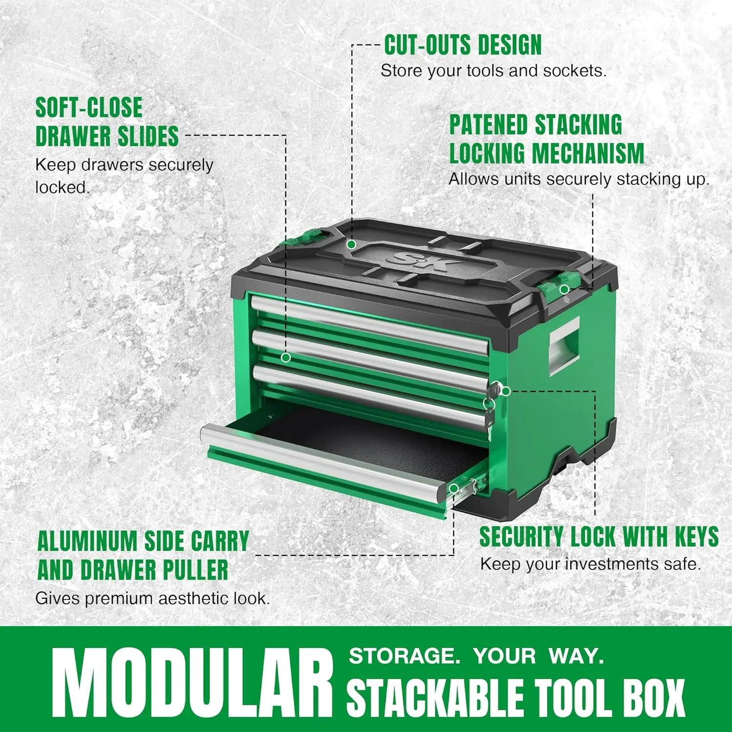 Modular Stackable Storage Tool Box, 20.5 Inch, 4-Drawer Steel Box, Patented Auto-Lock Mechanism, Holds Up To 60 Lbs