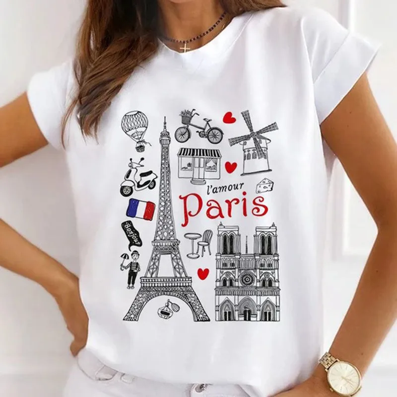 Modal Graphic Tshirt Female Summer Casual T-Shirts Women's Girls Eiffel Tower Streetwear Short Sleeve Tee Shirt