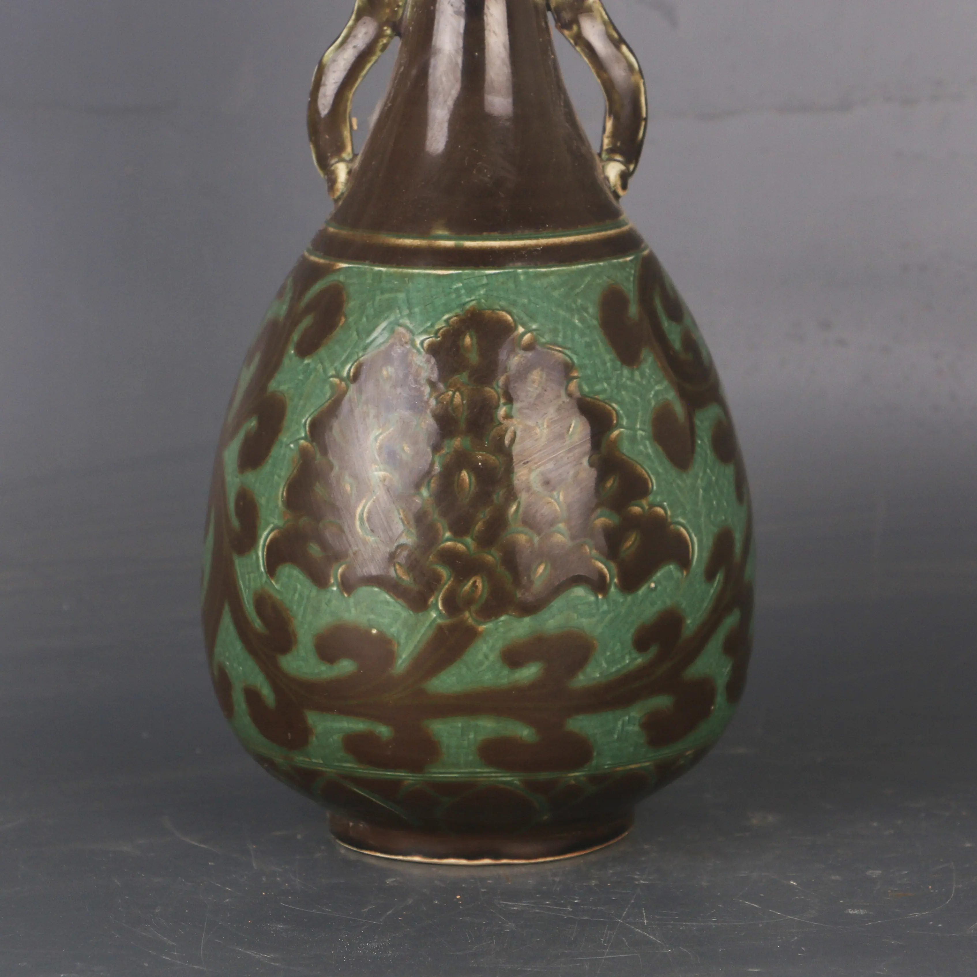 Song Ding Kiln Green Ground Double Dragon Lotus Scroll Vase Vintage Ceramic Home Decor Collectible