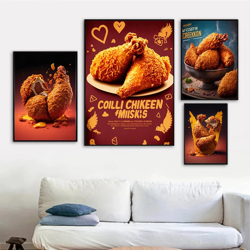 Delicious Food Poster Waffles Salmon Fried Chicken Canvas Painting Print Wall Art Picture for Restaurant Dining Room Home Decor