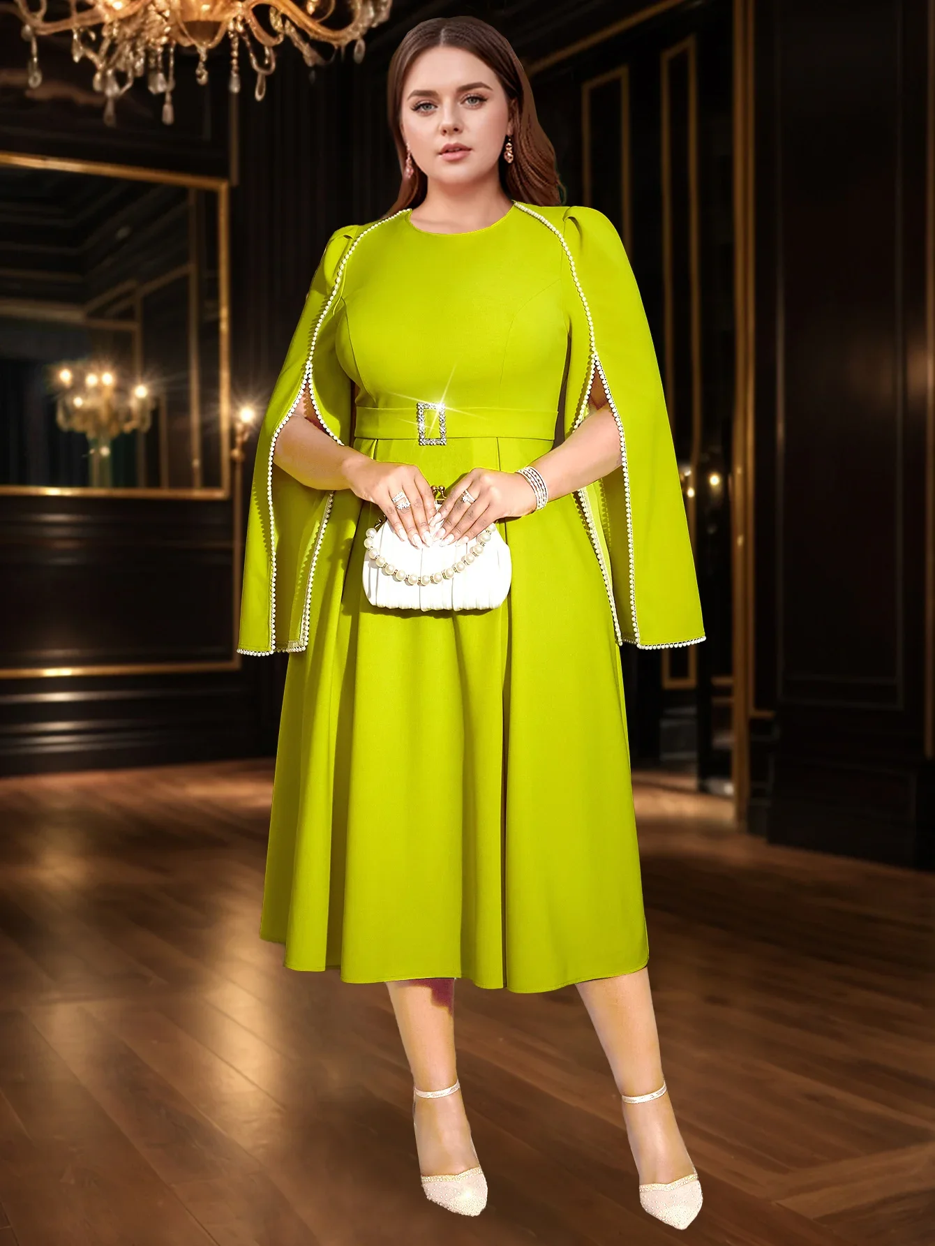 Classic Women's Solid Color Pleated Dress Round Neck Beading Split Long Sleeve High Waist Elegant A-Line Formal Gowns Plus Size