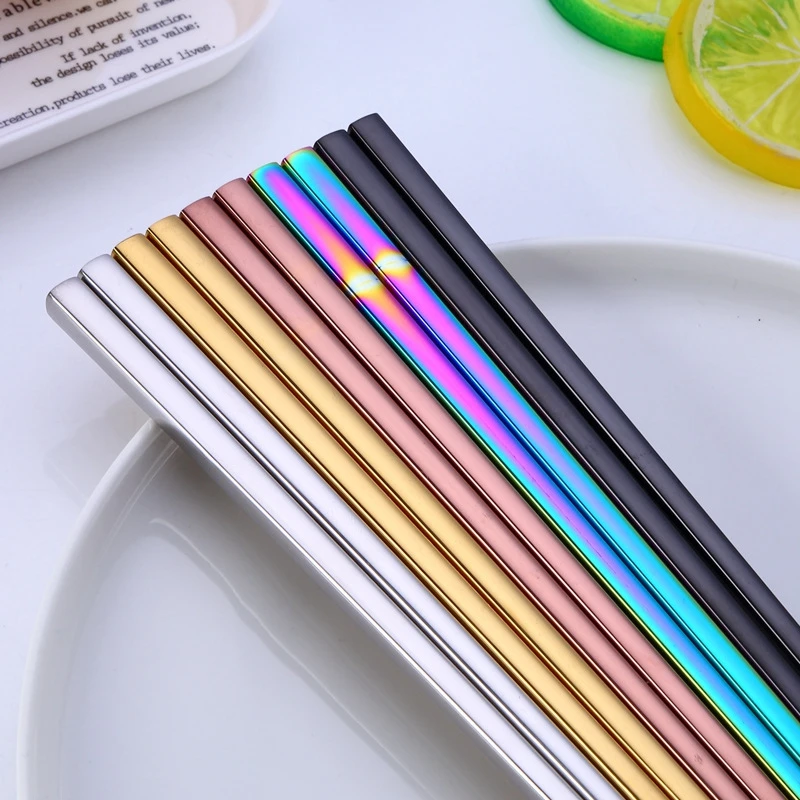 23cm Square Chopsticks Glossy Titanium Plated Chopsticks High-grade 304 Stainless Steel Golden Black Silver color