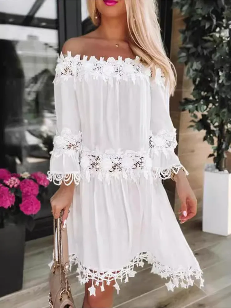 Elegant Lace Party Dresses For Women Sexy Strapless One-shoulder Bell Sleeve White Dress Y2k Spring Fashion Women's Clothing